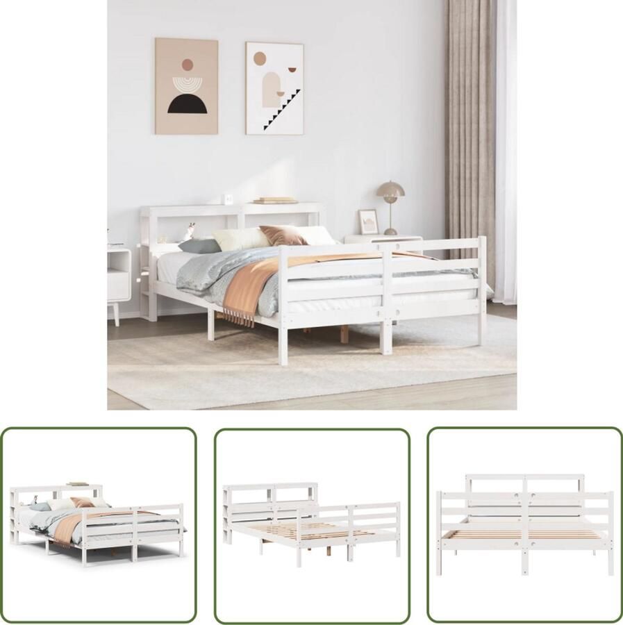 VidaXL Bedframe met hoofdbord massief grenenhout wit 150x200 cm Bedframe Massief Hout Grenen Bed Slaapkamer