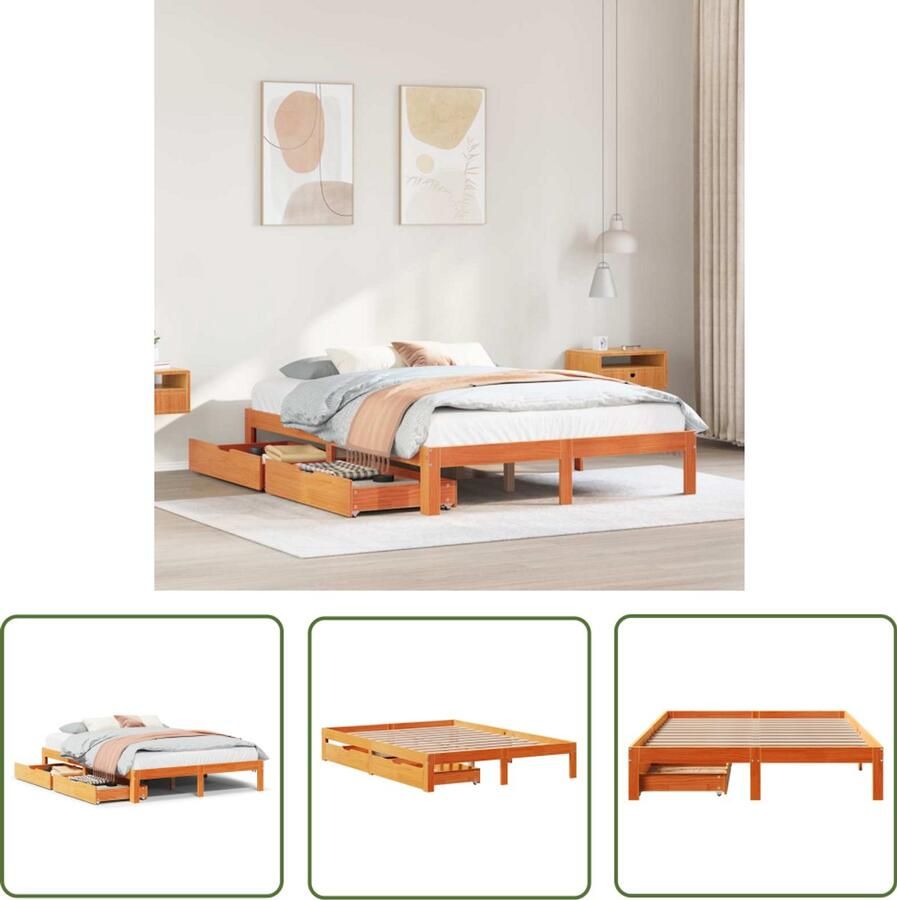 VidaXL Bedframe met lades massief grenenhout wasbruin 140x190 cm Bedframe Massief Hout Grenenhout Bedbodems Slaapkamers