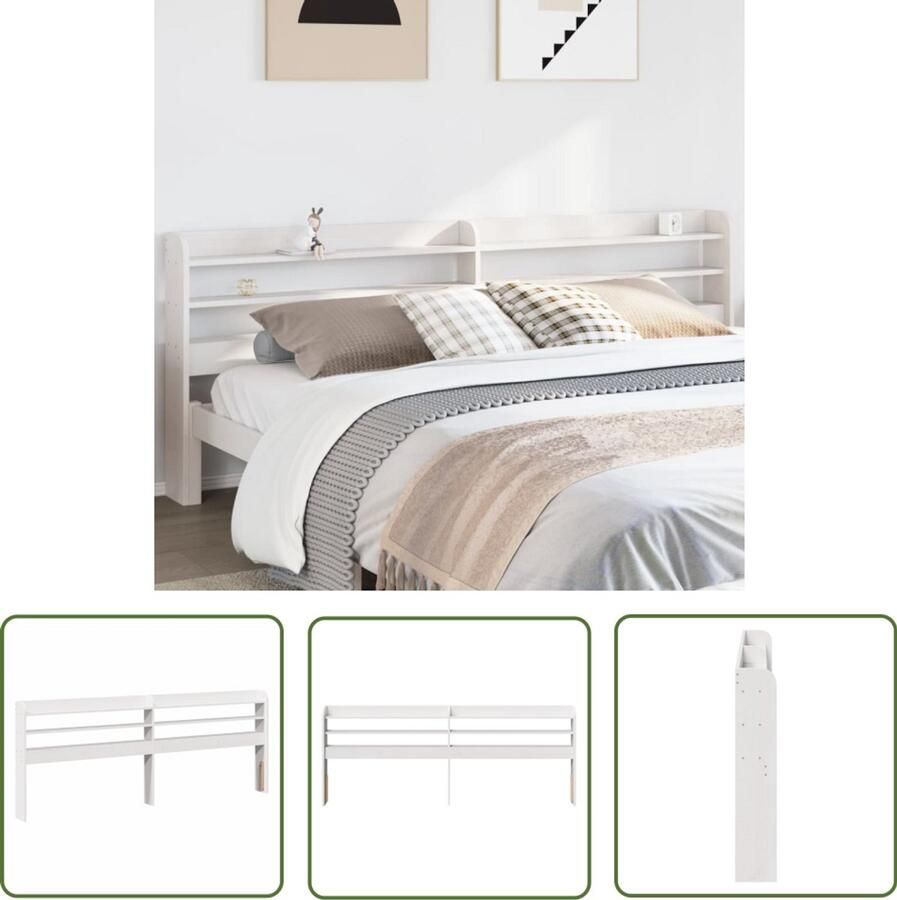 The Living Store Hoofdbord met schappen 200 cm massief grenenhout wit Hoofdbord Massief Hout Houten Hoofdbord Slaapkamervloerisdecoratie Nachtkastje