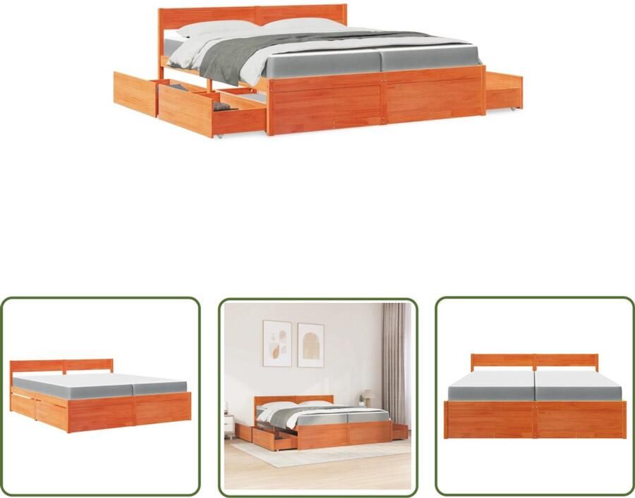 VidaXL Bed met lades en matras massief grenenhout wasbruin 200x200 cm Slaapkamers Massief Hout Houten Bed Boxspring Tweepersoonsbed