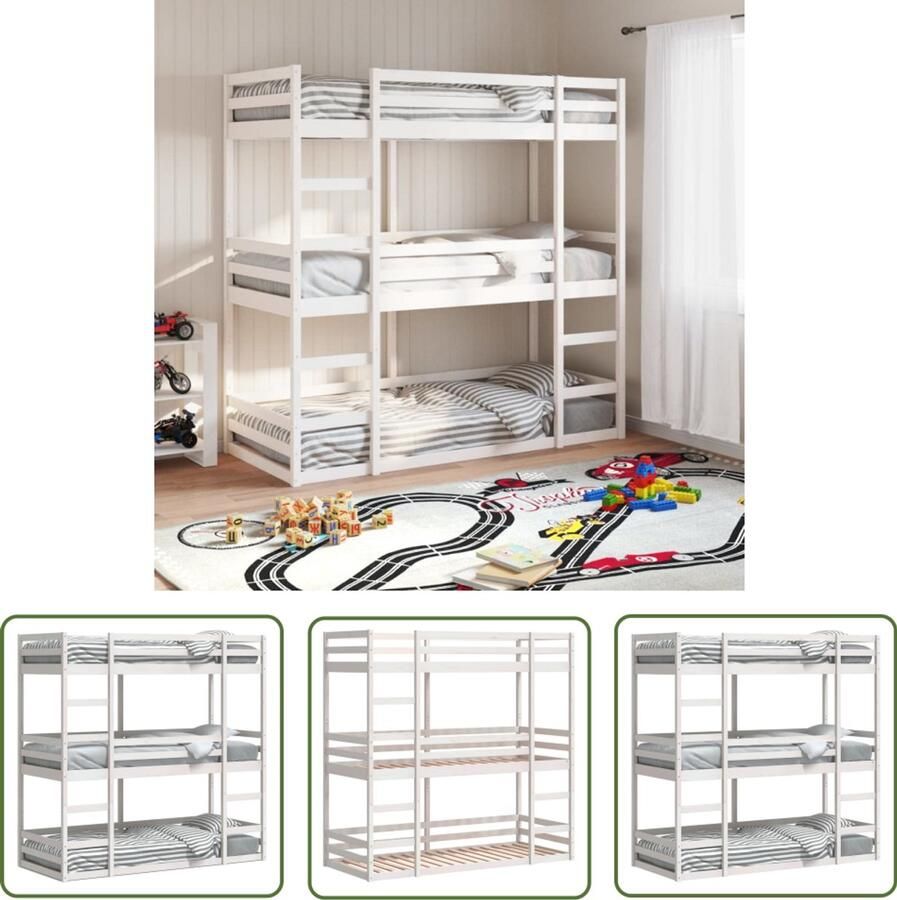 VidaXL Stapelbed 3-persoons massief grenenhout wit 90x190 cm Stapelbed Massief Hout Grenenhout Kinderkamer Tweepersoons Bed