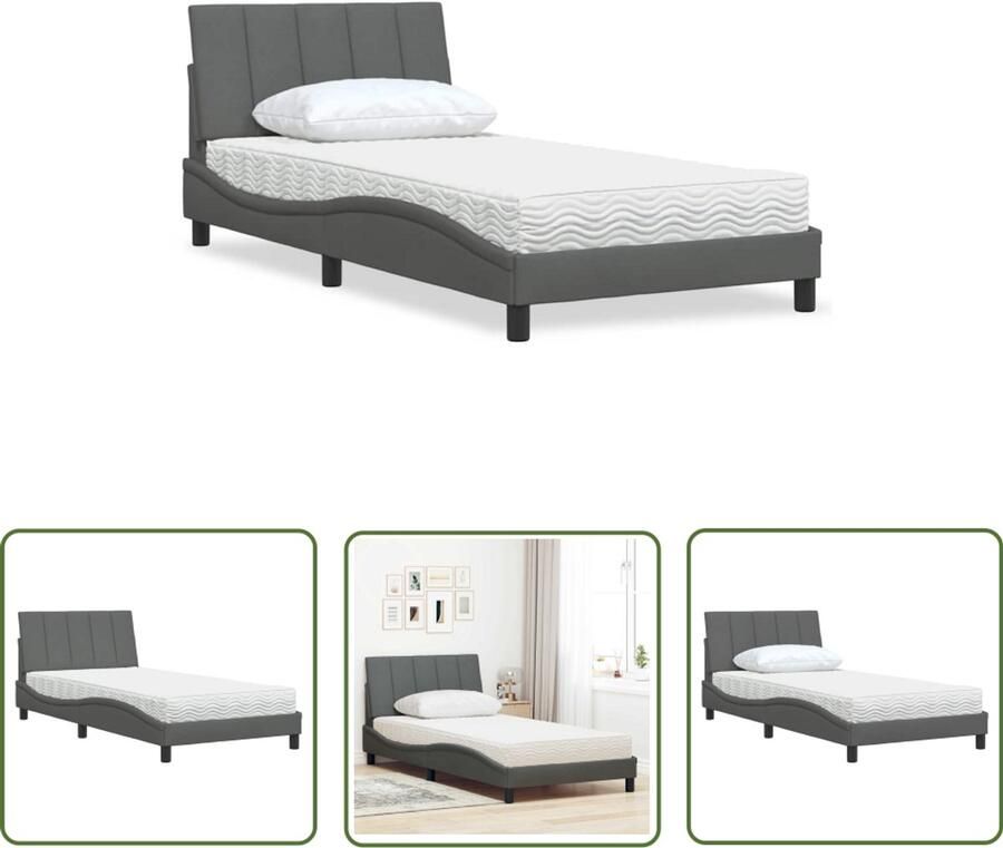 VidaXL Matras Bed Frame Bed met matras Hanko stof donkergrijs 100x200 cm Donkere Grijze Beddengoed Tweepersoonsbed Houten Bed