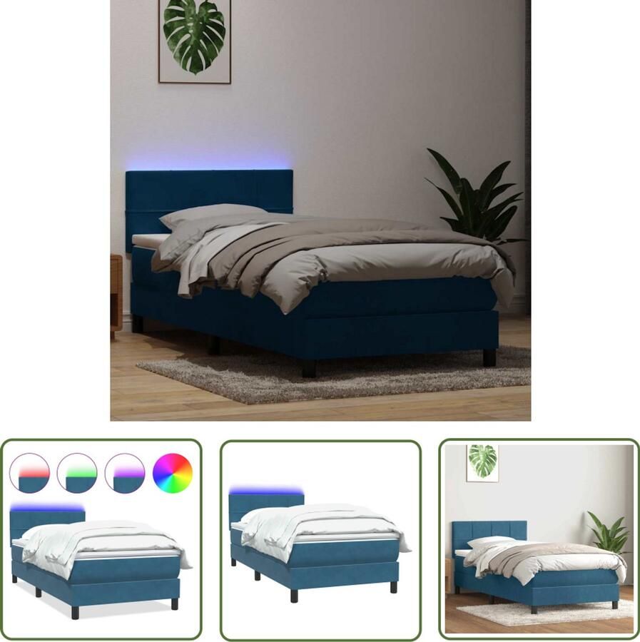 VidaXL Boxspring met matras fluweel donkerblauw 80x220 cm Boxspring Matras Fluweel Donkerblauw Slaapkamer