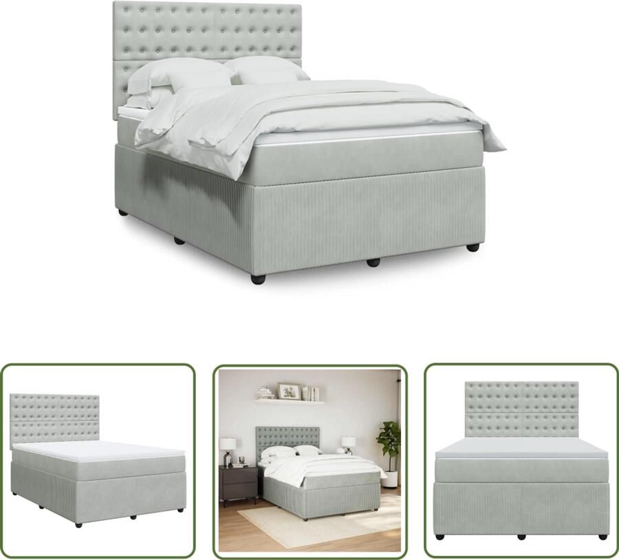VidaXL Boxspring met matras fluweel lichtgrijs 140x200 cm Boxspring Matras Fluweel Bed Frame Hoofdbord