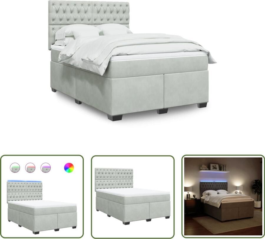 VidaXL Boxspring met matras fluweel lichtgrijs 140x200 cm Boxspring Matras Fluweel Led Verlichting Elektrisch Verstelbaar