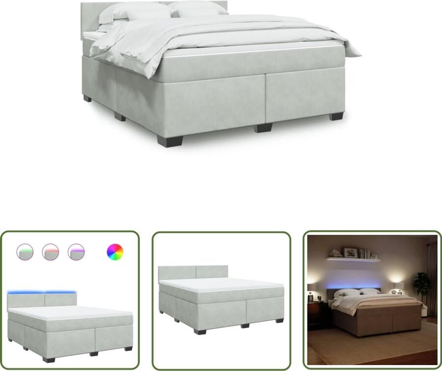 VidaXL Boxspring met matras fluweel lichtgrijs 180x200 cm Boxspring Matras Fluweel Led Verlichting Pocketvering