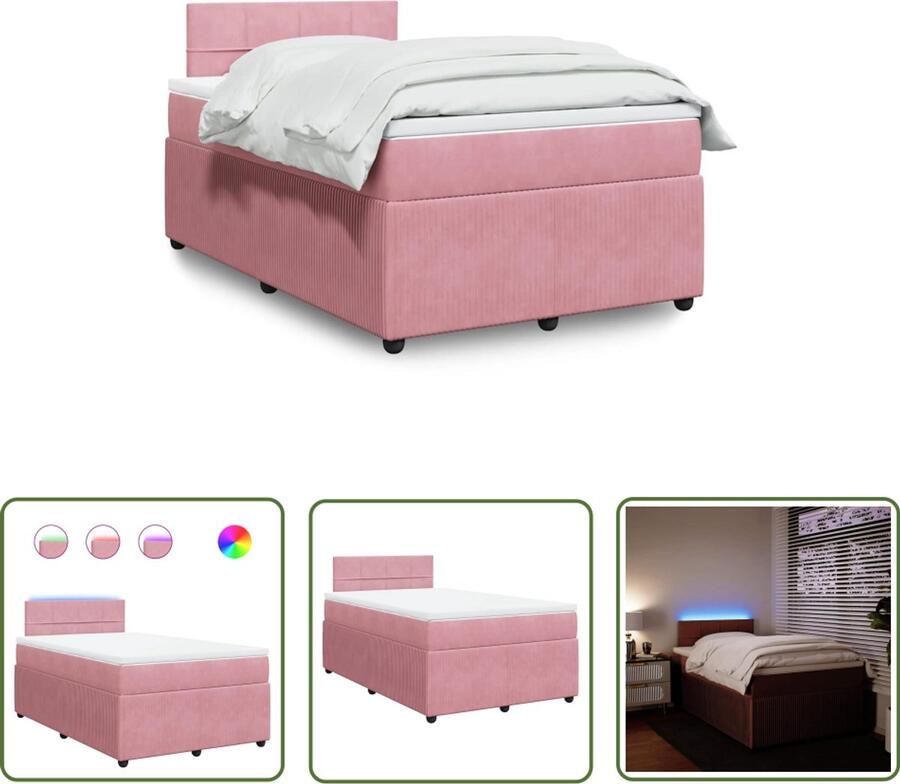 VidaXL Boxspring met matras fluweel roze 120x190 cm Boxspring Matras Fluweel Led Verlichting Pocketvering