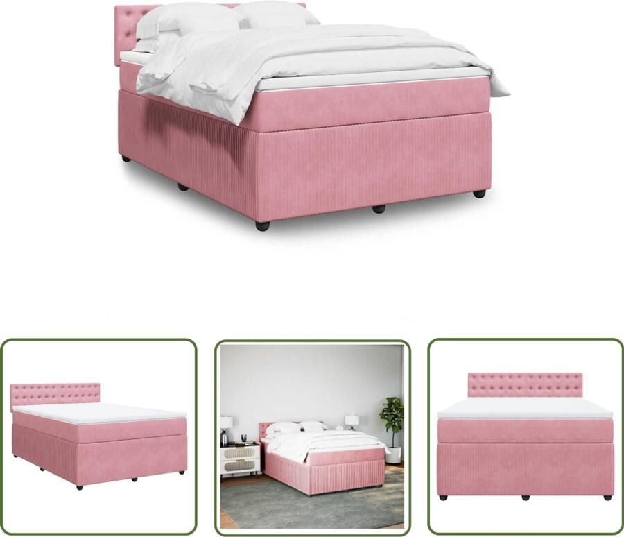 VidaXL Boxspring met matras fluweel roze 140x200 cm Boxspring Matras Fluweel Roze Bed Frame