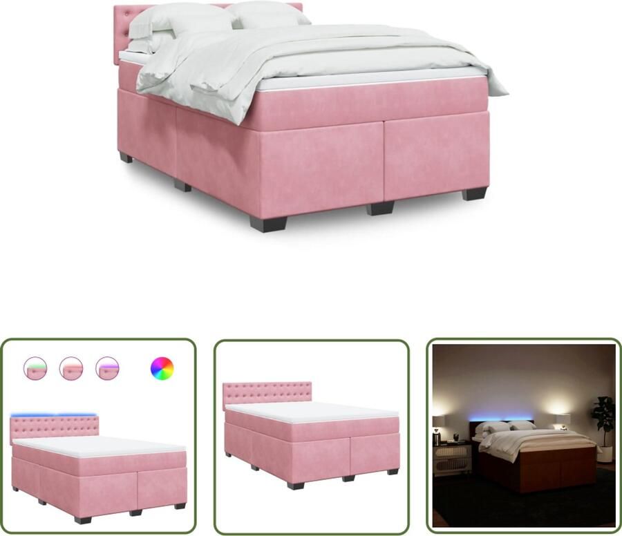 VidaXL Boxspring met matras fluweel roze 140x200 cm Boxspring Matras Fluweel Roze Led Verlichting