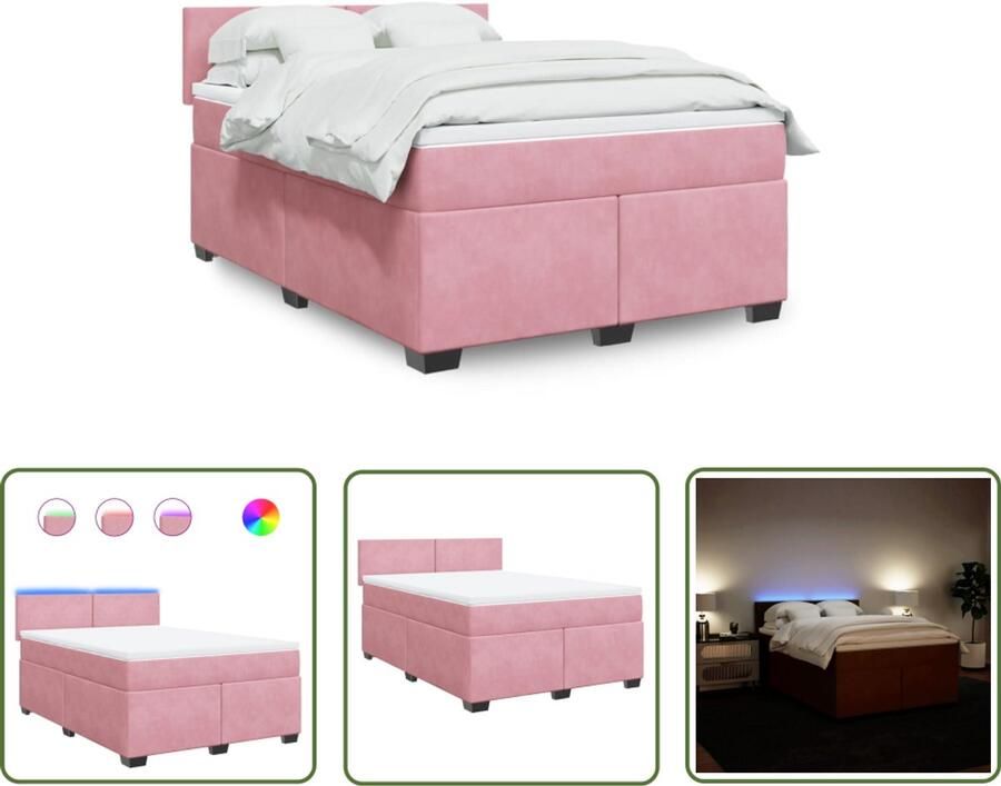 VidaXL Boxspring met matras fluweel roze 160x200 cm Boxspring Matras Fluweel Led Verlichting Pocketvering