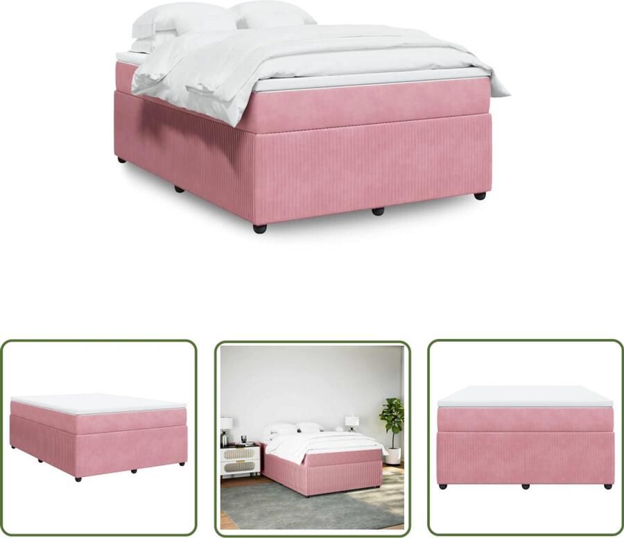 VidaXL Boxspring met matras fluweel roze 160x200 cm Boxspring Matras Fluweel Roze Bed - Foto 2