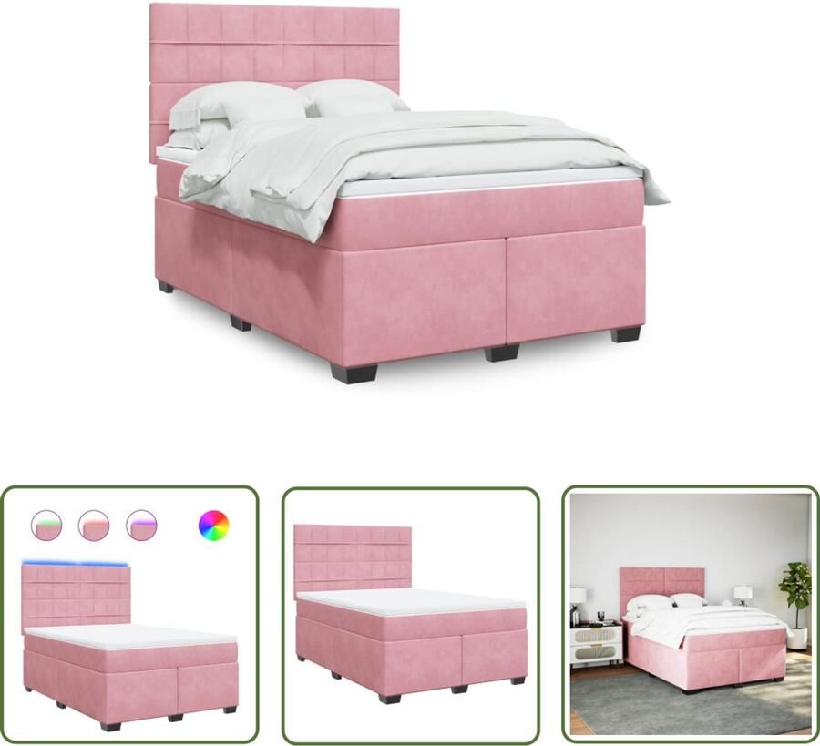 VidaXL Boxspring met matras fluweel roze 160x200 cm Boxspring Matras Fluweel Roze Led Verlichting
