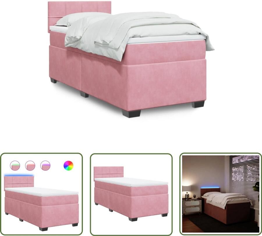 VidaXL Boxspring met matras fluweel roze 90x190 cm Boxspring Matras Fluweel Roze Led Verlichting