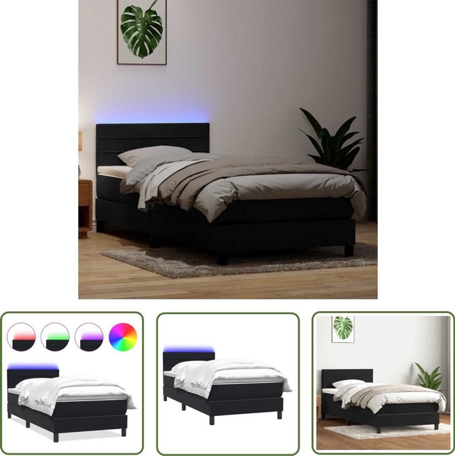 VidaXL Boxspring met matras fluweel zwart 80x220 cm Boxspring Matras Led Verlichting Fluweel Zwarte Boxspring