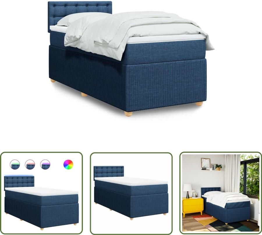 VidaXL Boxspring met matras stof blauw 100x200 cm Boxspring Matras Led Verlichting Bedroom Furniture Slaapkamer