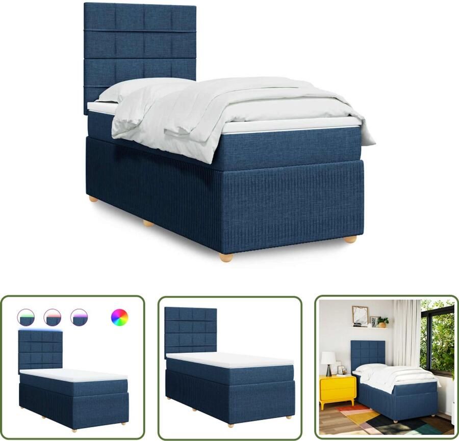 VidaXL Boxspring met matras stof blauw 100x200 cm Boxspring Matras Led Verlichting Hoofdbord Bedroom Furniture