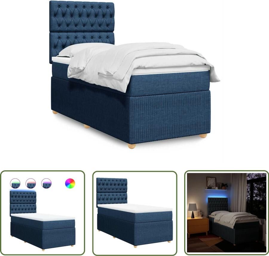 VidaXL Boxspring met matras stof blauw 100x200 cm Boxspring Matras Led Verlichting Slaapkamer Bed Frame