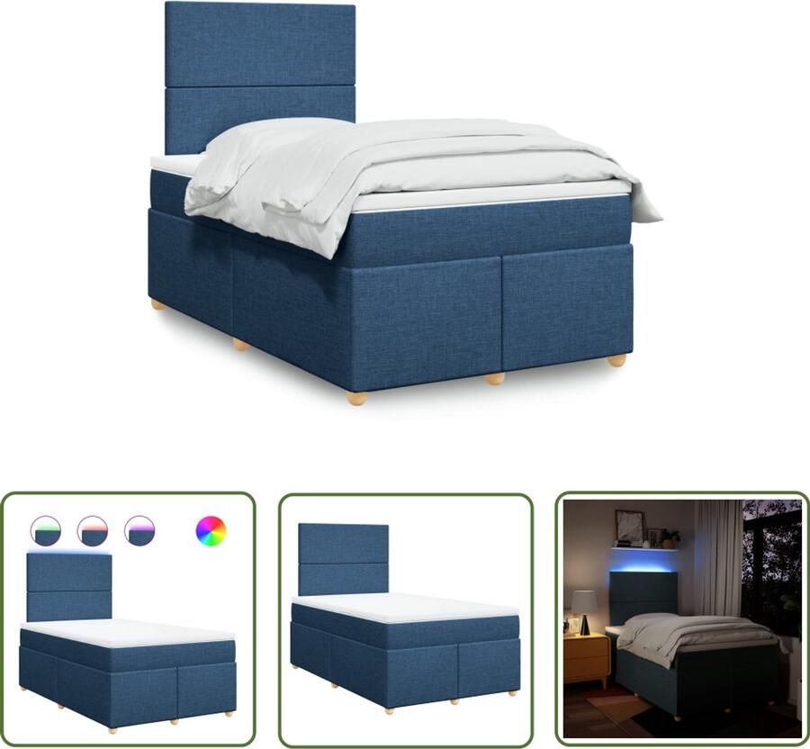 VidaXL Boxspring met matras stof blauw 120x190 cm Boxspring Matras Led Verlichting Elektrisch Hoofdbord Pocketvering