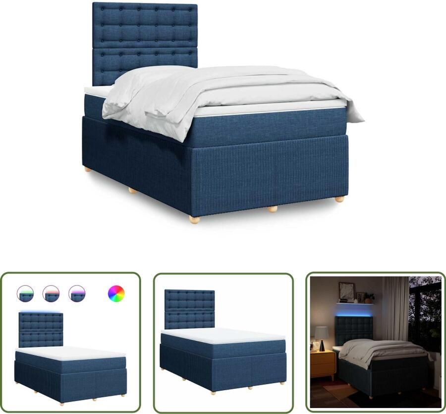 VidaXL Boxspring met matras stof blauw 120x200 cm Boxspring Matras Led Verlichting Bedroom Furniture Slaapcomfort