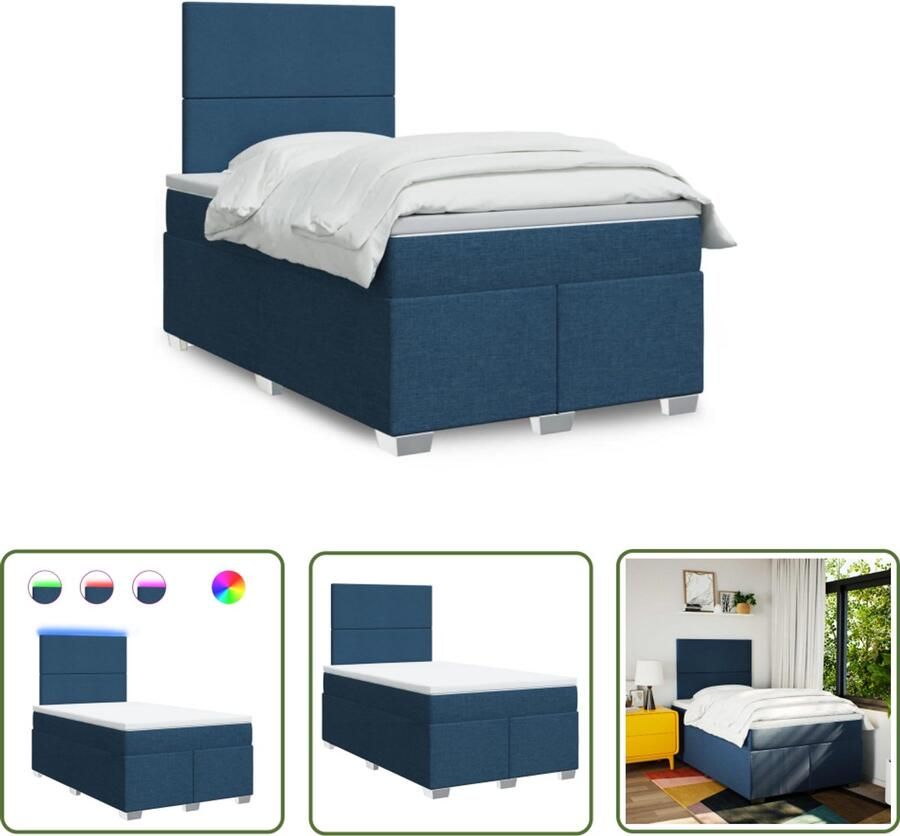 VidaXL Boxspring met matras stof blauw 120x200 cm Boxspring Matras Led Verlichting Elektrisch Bed Hoofdbord