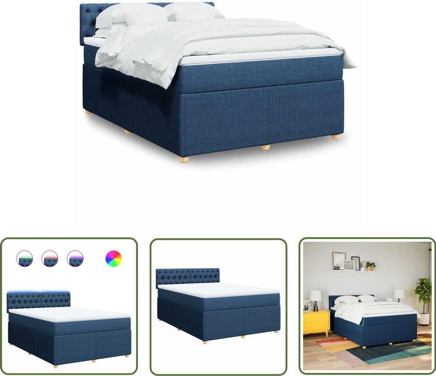 VidaXL Boxspring met matras stof blauw 140x190 cm Boxspring Matras Led Verlichting Blue Bedroom Furniture