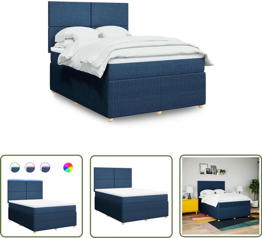 VidaXL Boxspring met matras stof blauw 140x190 cm Boxspring Matras Led Verlichting Hoofdbord Bedroom Furniture