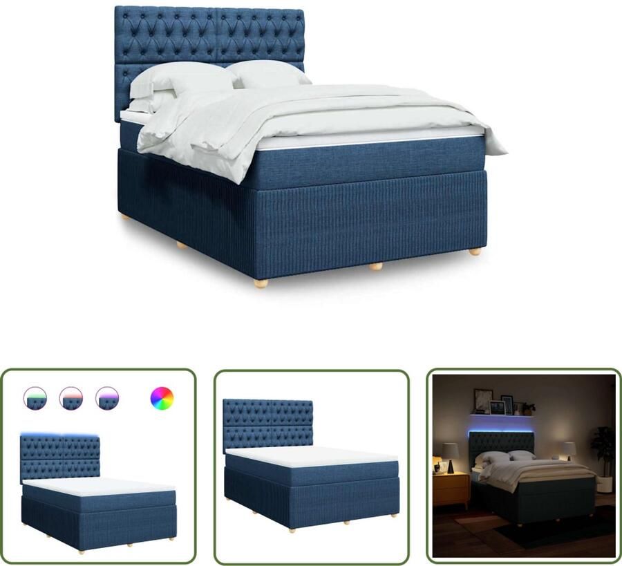 VidaXL Boxspring met matras stof blauw 140x200 cm Boxspring Matras Led Verlichting Hoofdbord Bedroom Furniture