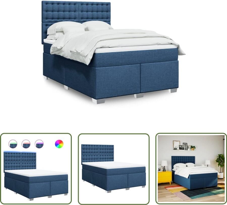 VidaXL Boxspring met matras stof blauw 140x200 cm Boxspring Matras Led Verlichting Hoofdbord Pocketvering