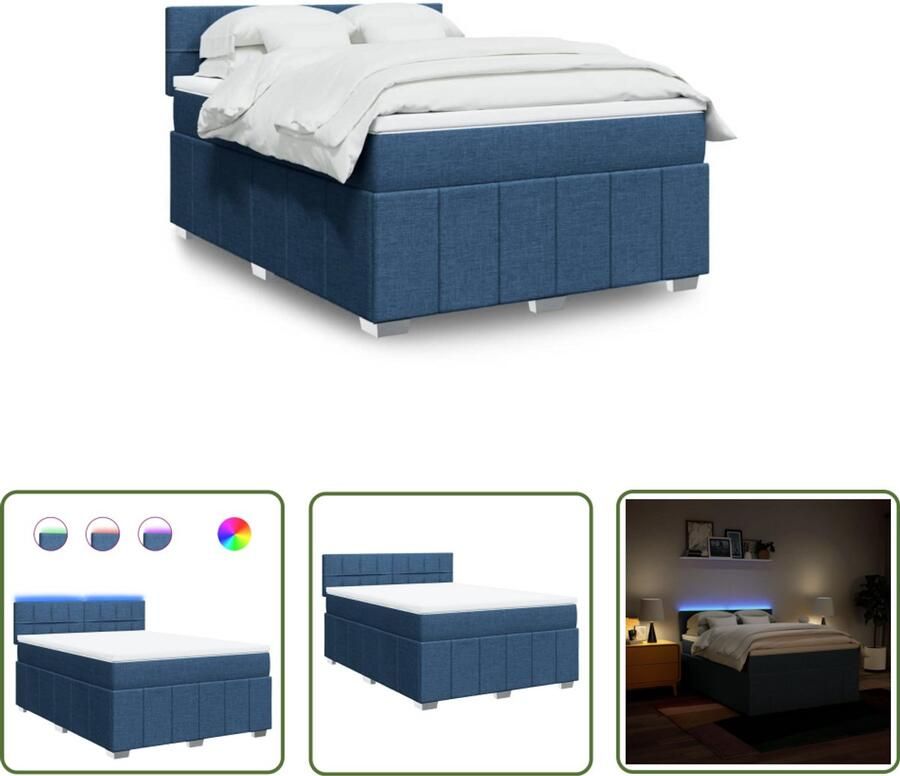 VidaXL Boxspring met matras stof blauw 140x200 cm Boxspring Matras Led Verlichting Slaapcomfort Bedroom Furniture