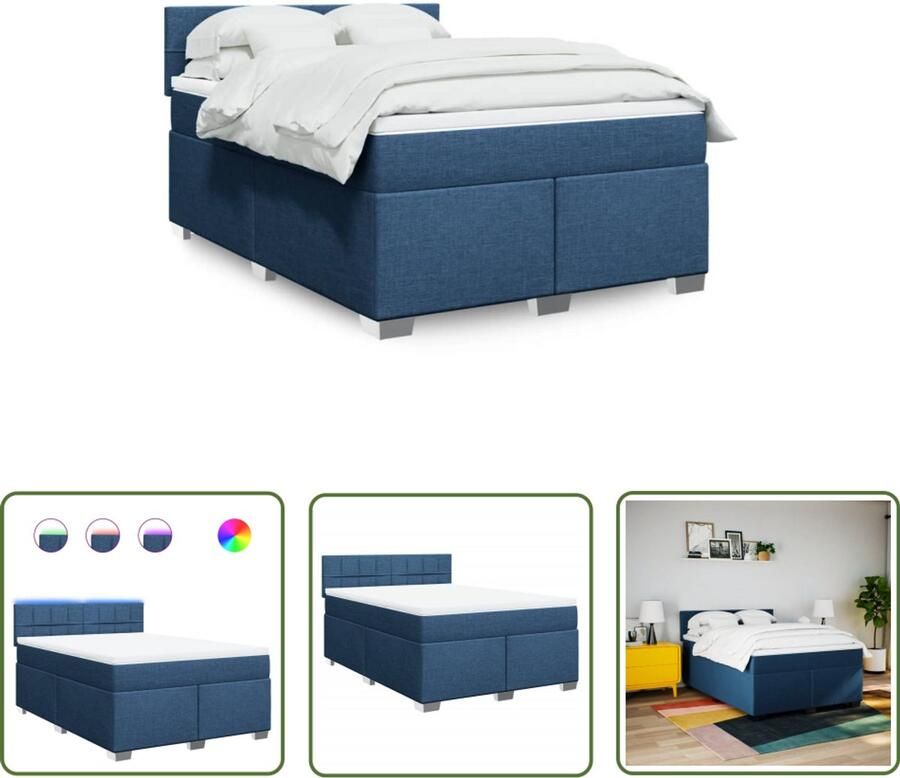 VidaXL Boxspring met matras stof blauw 140x200 cm Boxspring Matras Slaapcomfort Led Verlichting Blue