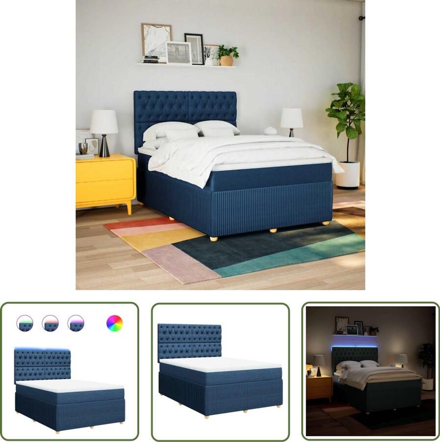 VidaXL Boxspring met matras stof blauw 160x200 cm Boxspring Matras Led Verlichting Elektrisch Hoofdbord Bedroom Furniture