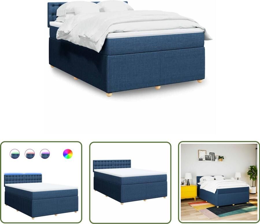 VidaXL Boxspring met matras stof blauw 160x200 cm Boxspring Matras Led Verlichting Slaapcomfort Bedroom Decoratie