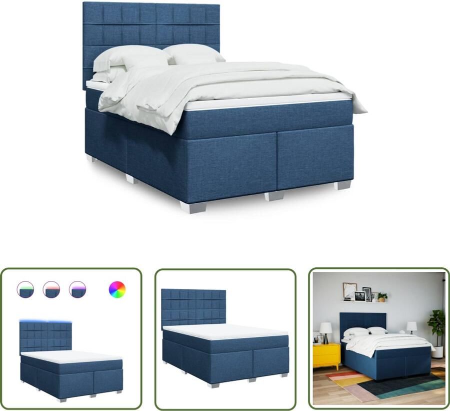 VidaXL Boxspring met matras stof blauw 160x200 cm Boxspring Matras Led Verlichting Slaapcomfort Bedroom Furniture