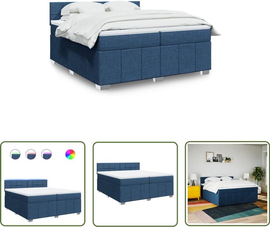 VidaXL Boxspring met matras stof blauw 200x200 cm Boxspring Matras Led Verlichting Pocketvering Blue