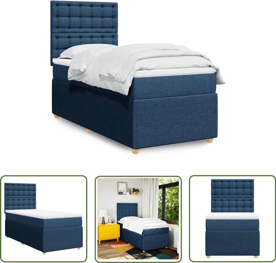VidaXL Boxspring met matras stof blauw 90x190 cm Boxspring Matras Bed Frame Hoofdbord Pocketvering