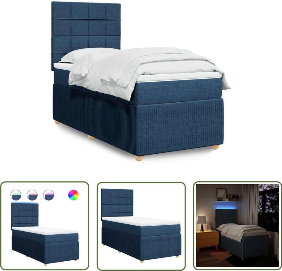 VidaXL Boxspring met matras stof blauw 90x190 cm Boxspring Matras Led Verlichting Hoofdbord Bedroom Furniture