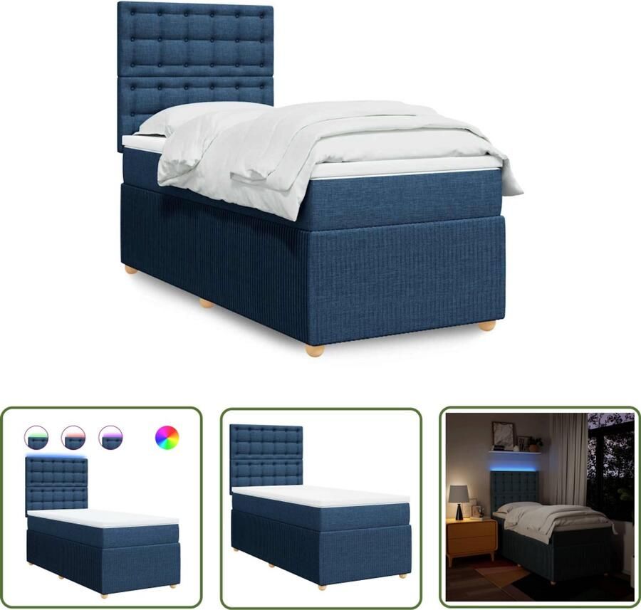 VidaXL Boxspring met matras stof blauw 90x190 cm Boxspring Matras Led Verlichting Hoofdbord Blue