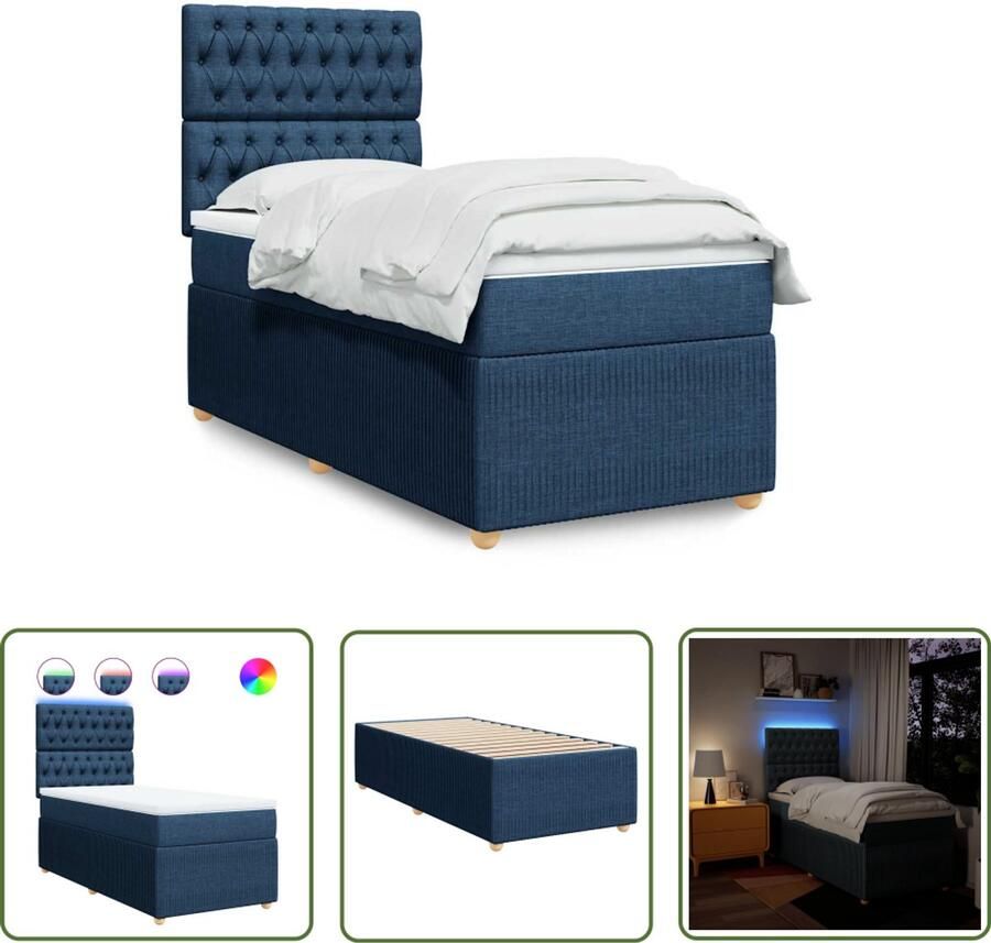 VidaXL Boxspring met matras stof blauw 90x200 cm Boxspring Matras Led Verlichting Elektrisch Hoofdbord Pocketvering