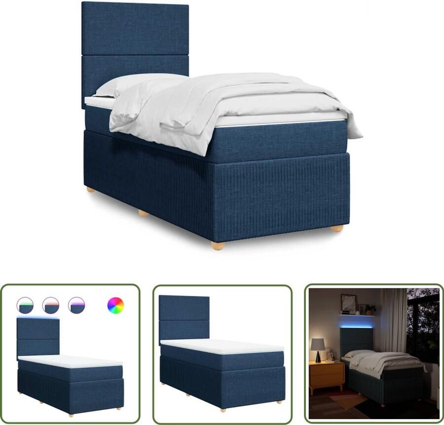 VidaXL Boxspring met matras stof blauw 90x200 cm Boxspring Matras Led Verlichting Slaapcomfort Bedroom Decoratie