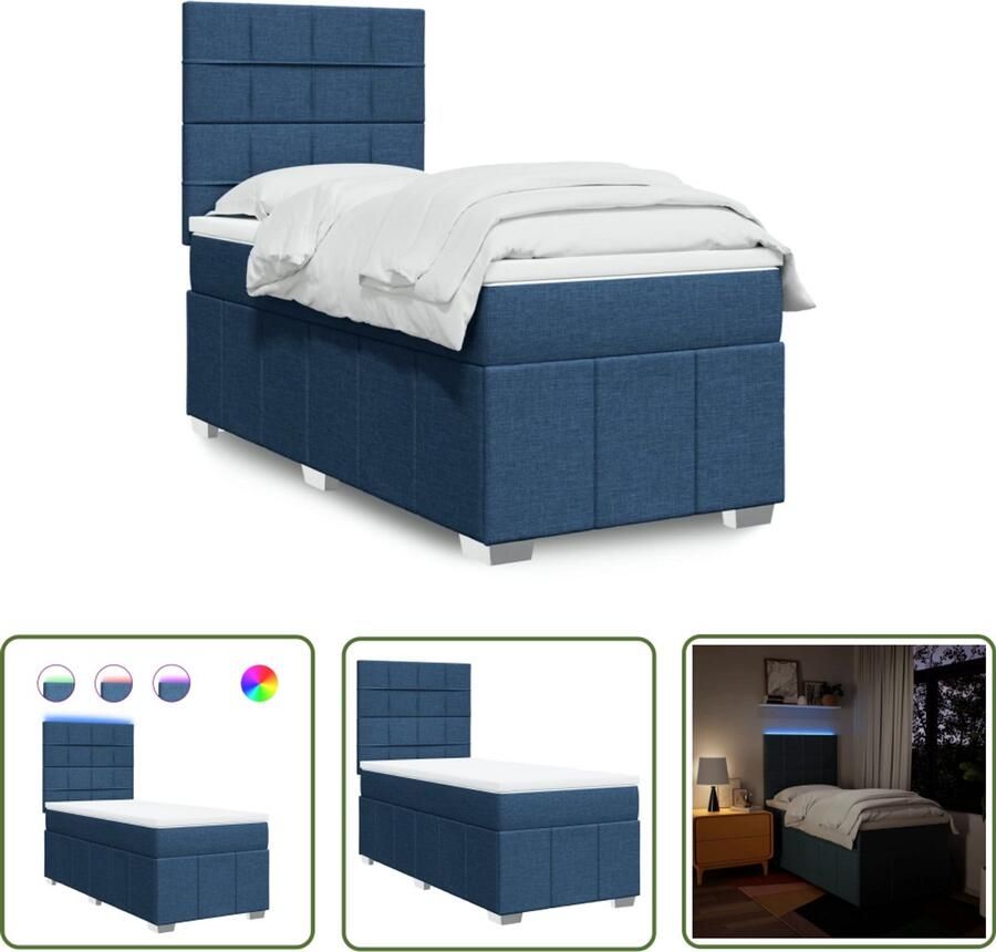 VidaXL Boxspring met matras stof blauw 90x200 cm Boxspring Matras Led Verlichting Slaapcomfort Bedroom Furniture