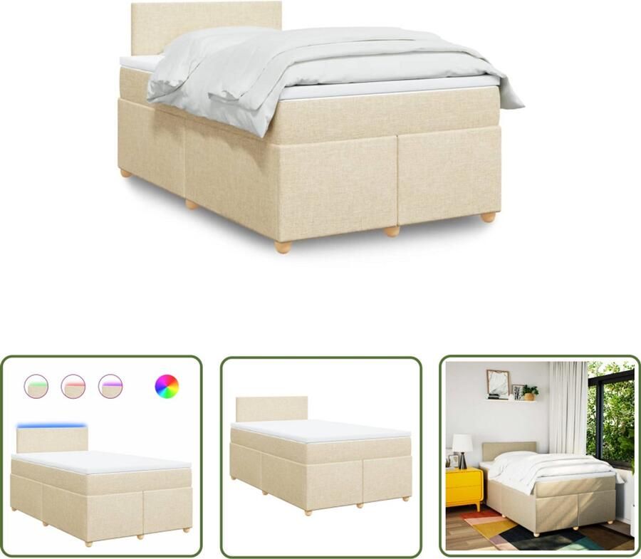 VidaXL Boxspring met matras stof crèmekleurig 120x190 cm Boxspring Matras Led Verlichting Pocketvering Creme Kleur