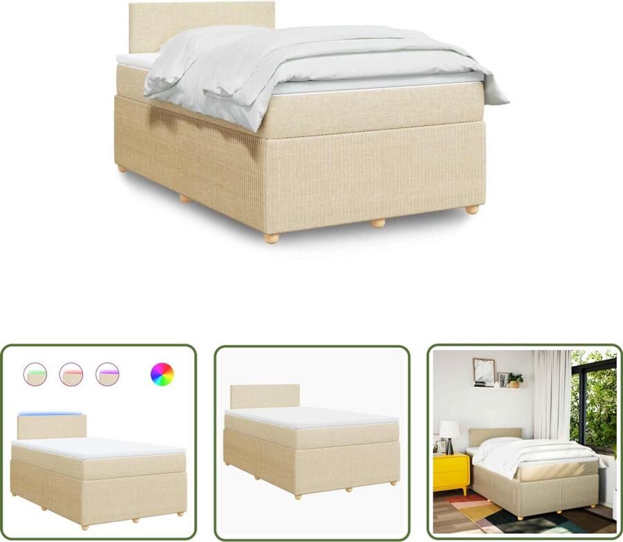 VidaXL Boxspring met matras stof crèmekleurig 120x200 cm Boxspring Matras Led Verlichting Creme Kleur Bedroom Furniture