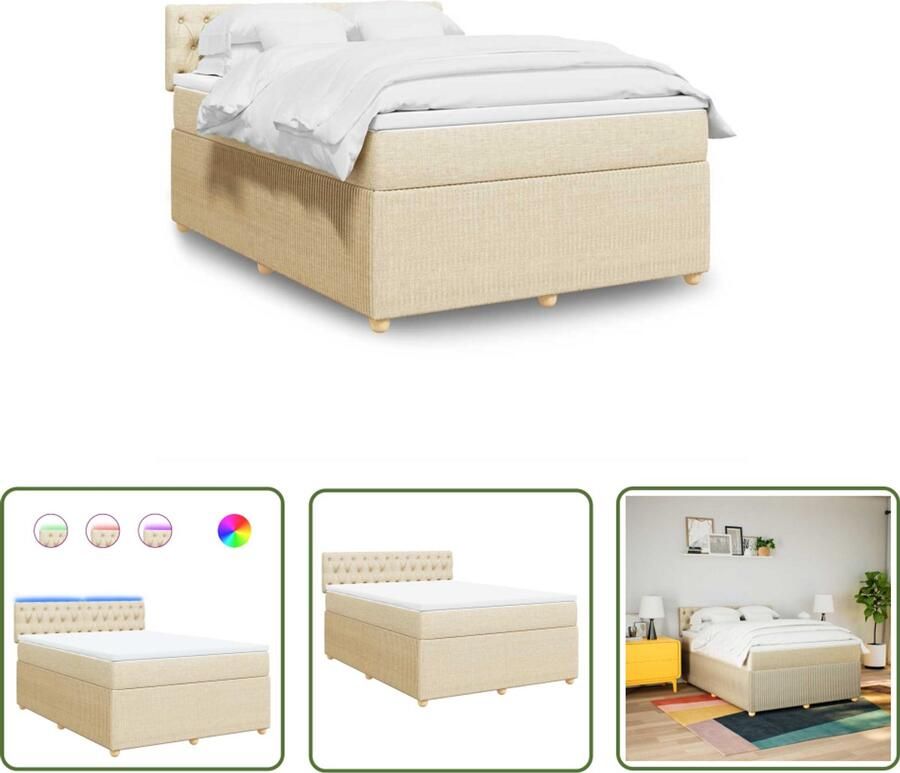 VidaXL Boxspring met matras stof crèmekleurig 140x200 cm Boxspring Matras Led Verlichting Creme Kleur Bedroom Furniture
