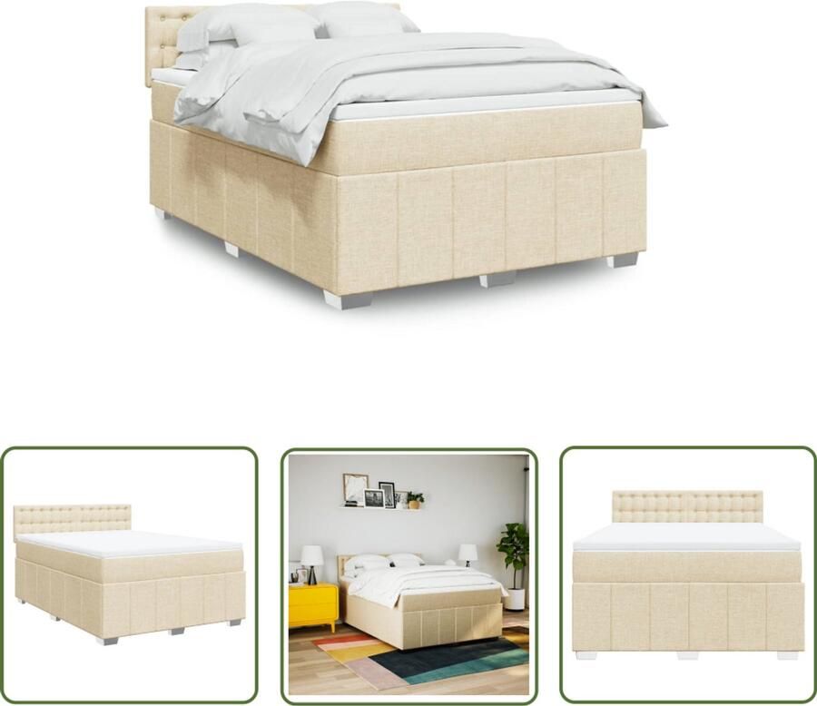 VidaXL Boxspring met matras stof crèmekleurig 160x200 cm Boxspring Matras Bed Frame Hoofdbord Pocketvering