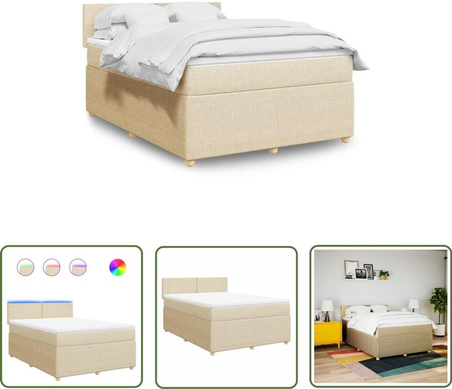 VidaXL Boxspring met matras stof crèmekleurig 160x200 cm Boxspring Matras Led Verlichting Bedroom Furniture Creme Kleur