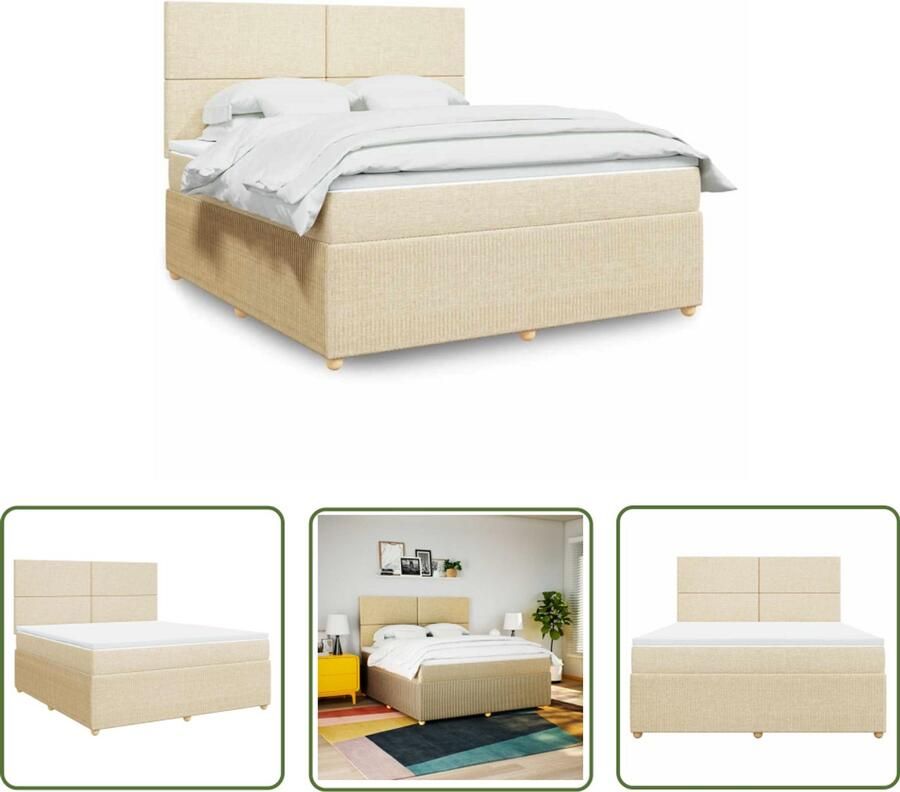 VidaXL Boxspring met matras stof crèmekleurig 180x200 cm Boxspring Matras Creme Kleur Pocketvering Hoofdbord