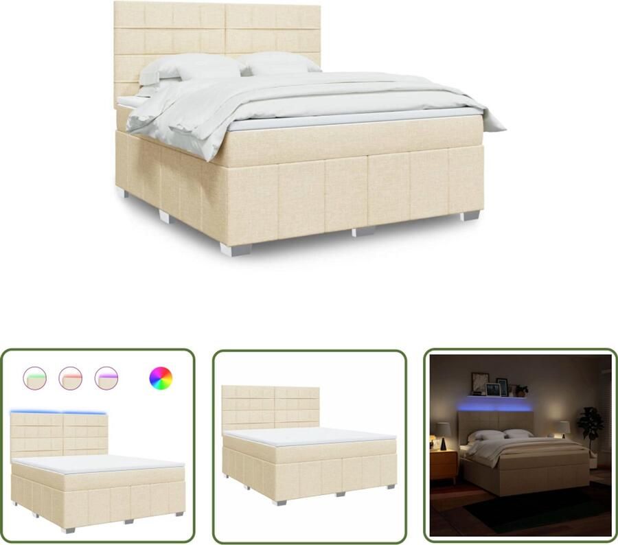 VidaXL Boxspring met matras stof crèmekleurig 180x200 cm Boxspring Matras Led Verlichting Elektrisch Hoofdbord Pocketvering