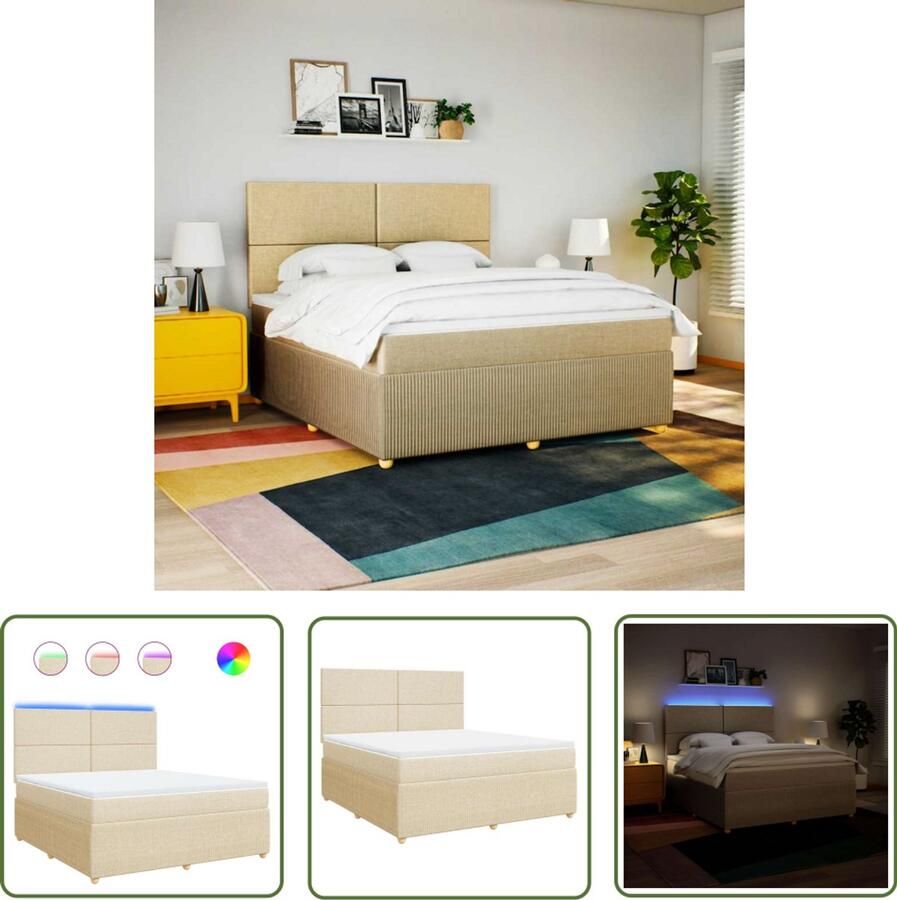 VidaXL Boxspring met matras stof crèmekleurig 180x200 cm Boxspring Matras Led Verlichting Elektrisch Verstelbaar Pocketvering