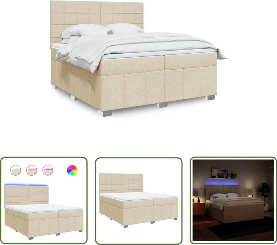 VidaXL Boxspring met matras stof crèmekleurig 200x200 cm Boxspring Matras Led Verlichting Creme Kleur Tweepersoonsbed