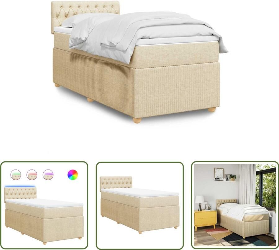 VidaXL Boxspring met matras stof crèmekleurig 90x200 cm Boxspring Matras Led Verlichting Creme Kleur Bedroom Furniture
